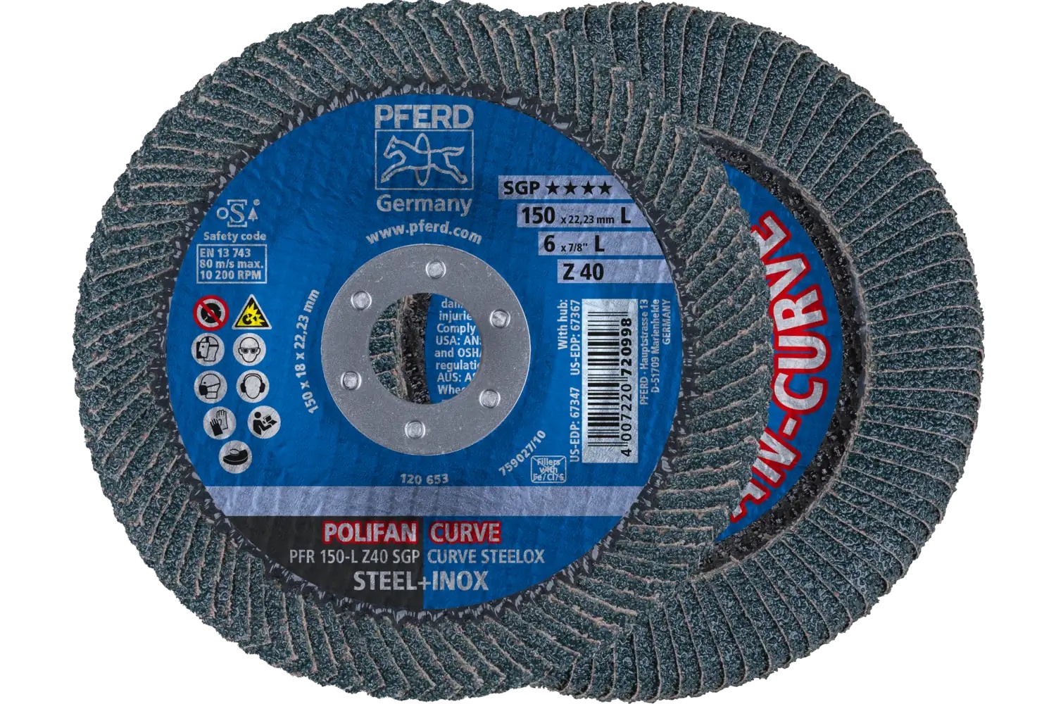 Picture of Pferd Flap Disc, 6" x 7/8, Z SGP Curve Steelox, 40 Grit, Large Radius, Zirconia